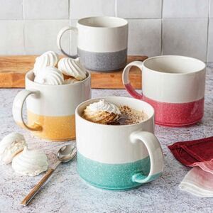 Over Back 4-pc Stoneware 16.9oz Large Mug Set Stackable Red Teal Gray Yellow NIB